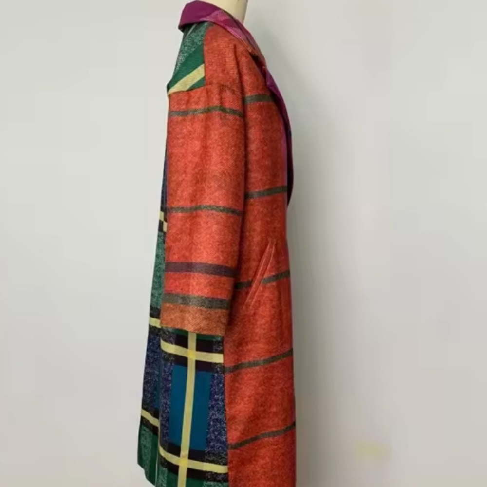 Women's Tweed Coat Contrast Color Plaid Loose Fit Outerwears Fall And Winter - Picture 4 of 6